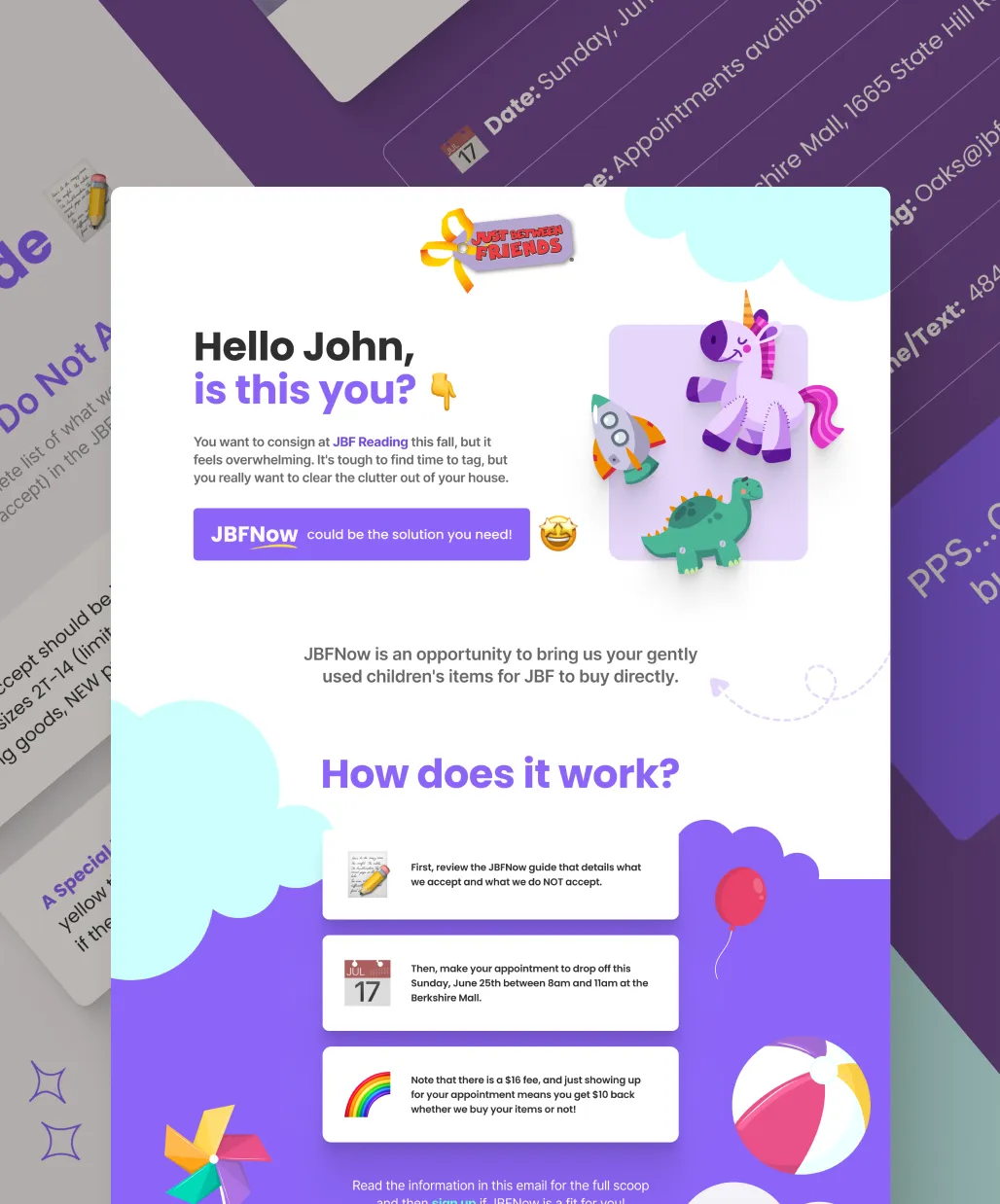 Landing page preview for a toy shop, featuring vibrant purple colors, toy illustrations, clouds, and emojis.